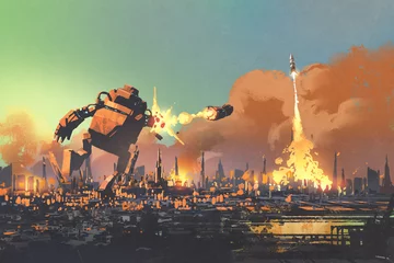 Gordijnen the giant robot launching rocket punch destroy the city,illustration painting © grandfailure