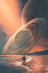 Obraz premium astronauta stojący na plaży patrząc na planety na niebie, malowanie ilustracji
