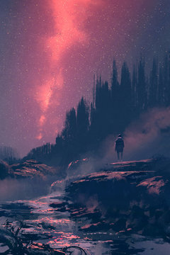 man standing on the rock with waterfall looking at the night sky,illustration painting