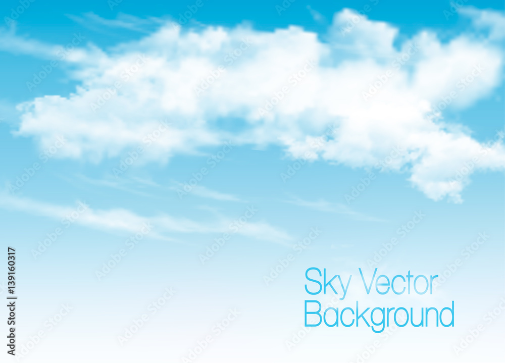 Poster blue sky background with white transparent clouds. vector background.