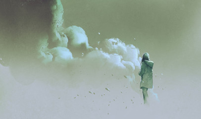 Fototapeta premium samotna kobieta stojąca przed dymem, malowanie ilustracji