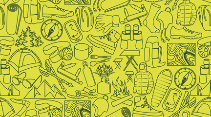 vector camping and hiking line icons background texture seamless pattern