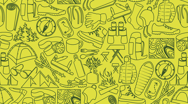 vector camping and hiking line icons background texture seamless pattern
