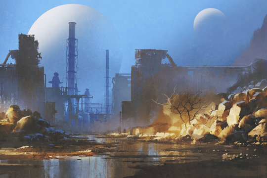 sci-fi scenery of the way to abandoned industrial buildings with planets in the sky on background,illustration painting