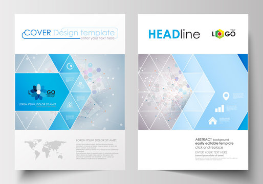 Business templates for brochure, magazine, flyer, booklet. Cover design template, abstract flat layout in A4 size. Molecule structure on blue background. Science, healthcare, medical vector.