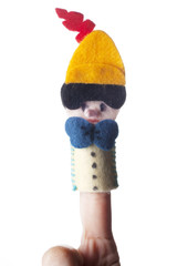 Wooden Pinocchio doll isolated on white background.