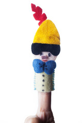 Wooden Pinocchio doll isolated on white background.