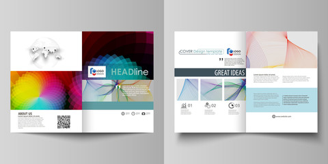 Business templates for bi fold brochure, flyer, booklet, report. Cover template, vector layout in A4 size. Colorful design, overlapping geometric shapes and waves forming abstract beautiful background