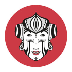 Vector illustration of a black and white Japanese mask on a red circle