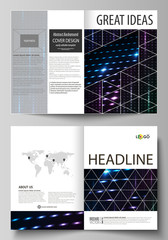 Business templates for bi fold brochure, flyer, booklet. Cover template, layout in A4 size. Abstract colorful neon dots, dotted technology background. Futuristic texture, digital vector design.