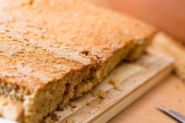 Cutting and preparing cake crust for homemade brownies