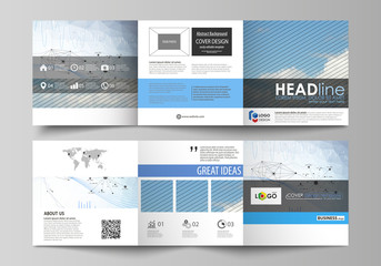 Business templates for tri fold square design brochures. Leaflet cover, vector layout. Blue color abstract infographic background in minimalist style made from lines, symbols, charts, other elements.