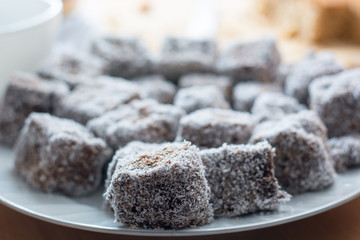 Close up of chocolate cakes with coconut flour