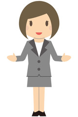 かわいいビジネスウーマン　ボブでグレーのスーツの女性　両手を広げる