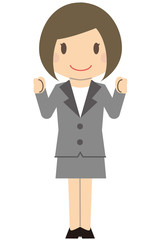 かわいいビジネスウーマン　ボブでグレーのスーツの女性　小さく両手でガッツポーズ