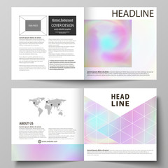 Business templates for square design bi fold brochure, flyer. Leaflet cover, vector layout. Hologram, background in pastel colors, holographic effect. Blurred colorful pattern, futuristic texture.