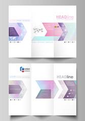 Tri-fold brochure business templates on both sides. Abstract vector layout in flat design. Hologram, background in pastel colors with holographic effect. Blurred colorful pattern, futuristic texture.