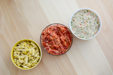 Pasta salad, pepper salad and russian salad with copy space
