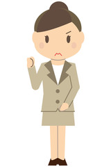 かわいいアップのビジネスウーマン　ベージュのスーツの女性　小さく片手でガッツポーズ