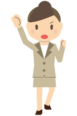 かわいいアップのビジネスウーマン　ベージュのスーツの女性　ガッツポーズ
