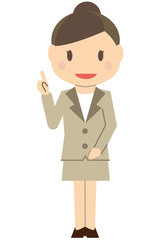かわいいアップのビジネスウーマン　ベージュのスーツの女性　指差し解説