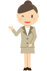 かわいいアップのビジネスウーマン　ベージュのスーツの女性　ウィンクして紹介