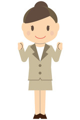 かわいいアップのビジネスウーマン　ベージュのスーツの女性　小さく両手でガッツポーズ