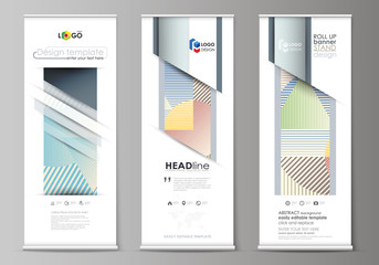 Roll up banner stands, abstract style templates, modern business concept, corporate vertical vector flyers, flag layouts. Minimalistic design with lines, geometric shapes forming beautiful background.