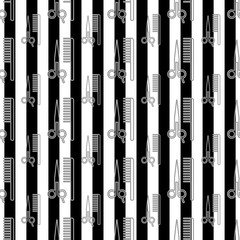 seamless comb and scissors pattern on stripe background