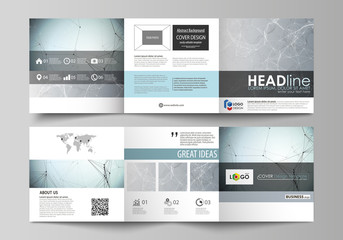 Set of business templates for tri fold square design brochures. Leaflet cover, abstract vector layout. Chemistry pattern, connecting lines and dots, molecule structure, scientific medical DNA research