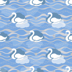 seamless white swan with glitter pattern  on blue wave background