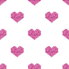seamless pink pixel heart glitter pattern on white background