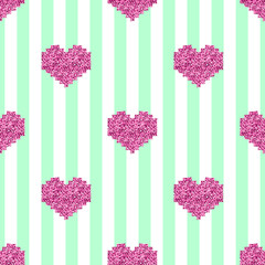 seamless pink pixel heart glitter pattern on green stripe background