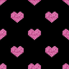 seamless pink glitter pixel heart pattern on black  background