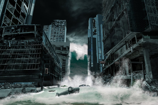 Cinematic Portrayal of a City Destroyed by Tsunami