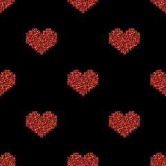 eamless red pixel heart glitter pattern on black background