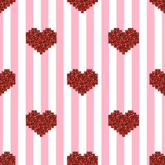 eamless red pixel heart glitter pattern on pink stripe background
