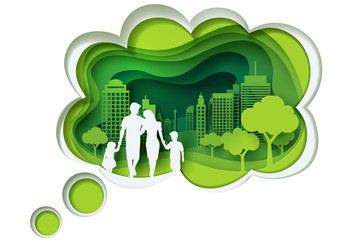 Paper carve to family and park on green town shape, paper art concept and ecology idea