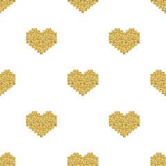 seamless gold pixel heart glitter pattern on white background