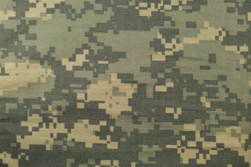 Universal camouflage pattern, army combat uniform digital camo, USA military ACU macro closeup rip-stop fabric texture background crumpled wrinkled foliage green desert sand tan NYCO cotton horizontal - obrazy, fototapety, plakaty