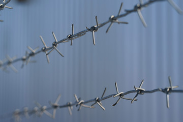 line barbed wire. focus with shallow depth of field. closeup