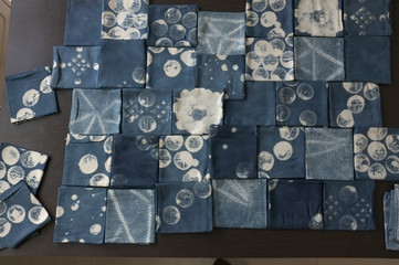 Thai indigo natural dye , Color shade and texture of fabric from blue indigo natural dye , Concept...