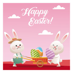 happy easter couple bunny carrying egg pink background vector illustration