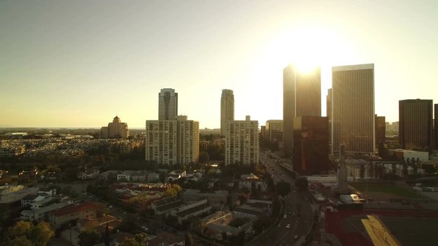 Los Angeles Sunset Skyscrapers Aerial 02 Century City