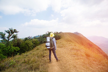 woman hiking on mountain at sunny day. soft focus