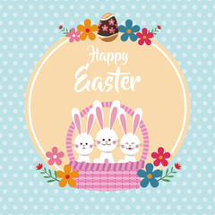happy easter bunnies in basket floral dots background vector illustration eps 10
