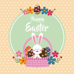 happy easter bunny in basket egg floral dots background vector illustration eps 10