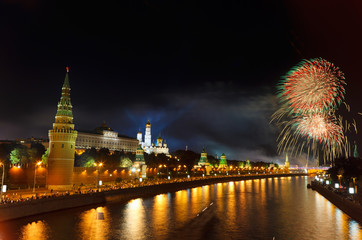 Fototapeta na wymiar Fireworks over Moscow Kremlin