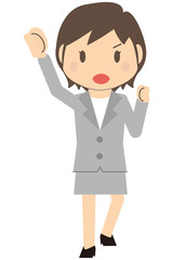 かわいいショートヘアのビジネスウーマン　グレーのスーツの女性　ガッツポーズ