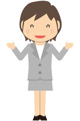 かわいいショートヘアのビジネスウーマン　グレーのスーツの女性　満面の笑み